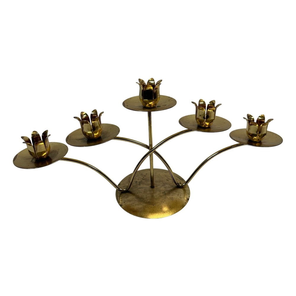 Vintage Gold 5 Arm Tulip Candelabra Mid Century Modern Flower Candle Holder